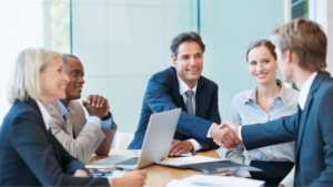 Executive team discussing business